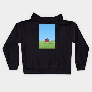 Small red house in the middle of a green meadow against a blue sky Kids Hoodie